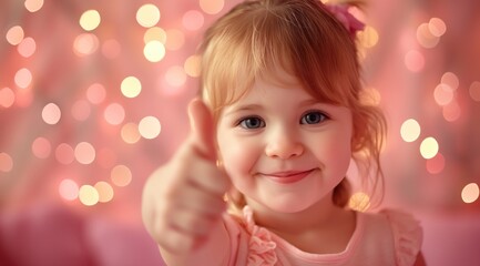 Fototapeta premium Closeup of happy little child giving thumbs up on blurred indoor background.