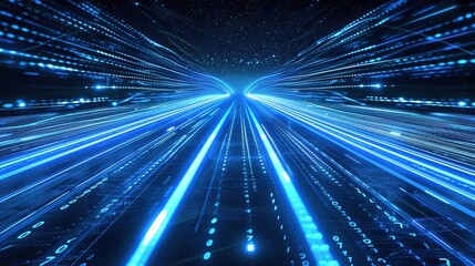 Abstract Road with Blue Light Trails Representing Data Transfer Speed and Digitization