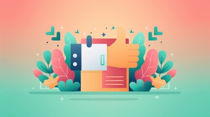 Critical evaluation, thumbs up and down with a checklist, flat design illustration