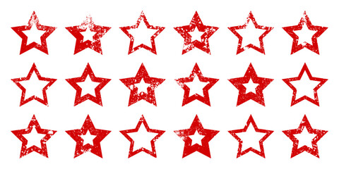 Red vintage stars with cracks and stains. Old hand-drawn sign, black simple shape. Retro design element with distressed effect, grunge texture. Vector illustration