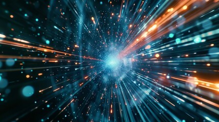 Fototapeta premium Abstract depiction of a dynamic burst of blue and orange light particles, conveying speed and energy, horizontal illustration, copy space. defocus