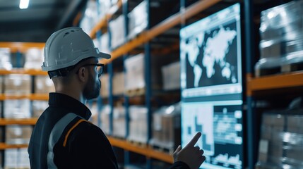 Warehouse worker analyzing data on a digital screen, optimizing inventory and logistics management in a modern storage facility.