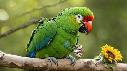 Naklejka premium Two green parrots are perched on a branch near a small wooden birdhouse.