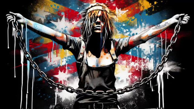 A person with a flail in his hands on a colorful background. Freedom.AI Generated.