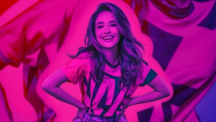 Young happy smiling Latin woman model wearing tshirt standing on color background