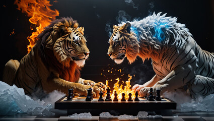 A lion and a tiger are playing chess with flames behind them.