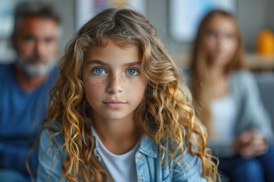 A pensive teenage girl with blue eyes and curly hair sits in front of her parents, capturing the essence of family and thoughtful moments in a home setting.