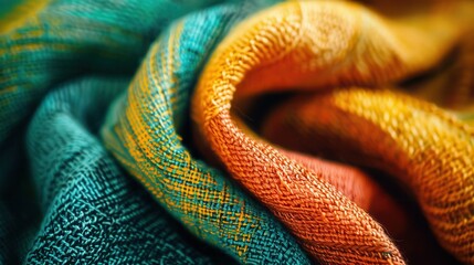 Colorful closeup of woven fabric textures in rich teal and orange shades