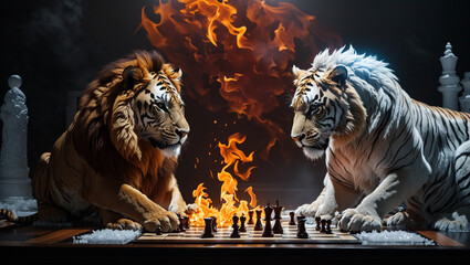 A lion and a tiger are playing chess with flames behind them.
