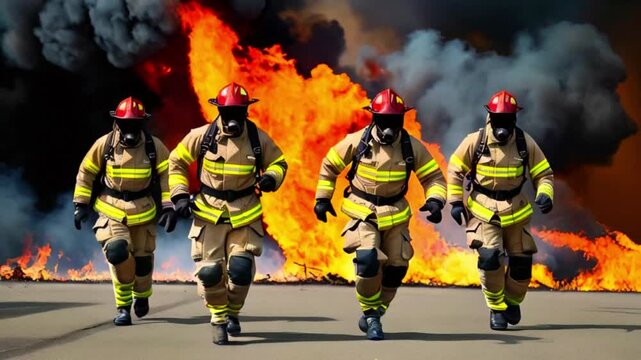 Four firefighters are running towards a fire. They are wearing protective gear and carrying hoses. The fire is burning brightly and there is a lot of smoke.