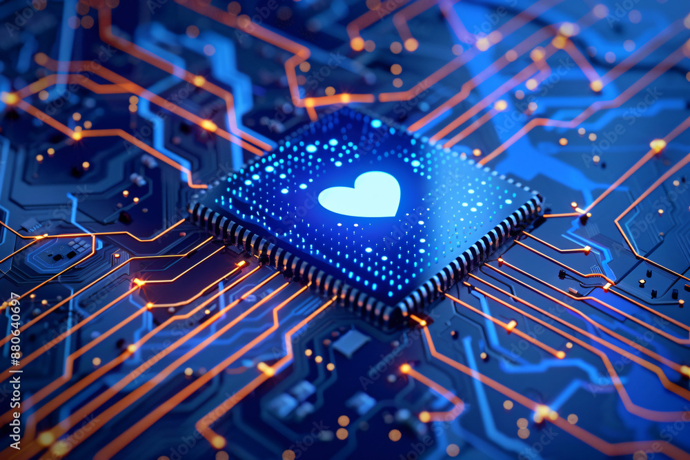Poster blue circuit board with chip, micro hearth on the background of glowing digital lines and dots. abst