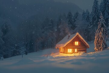 Cozy Winter Cabin in Snowy Forest with Warm Glowing Lights and Snowfall Bokeh