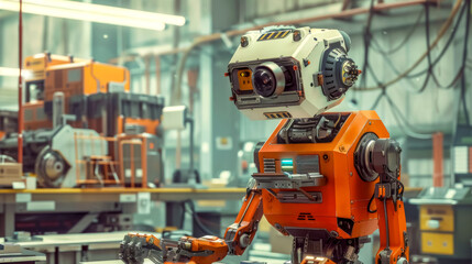Fototapeta premium Orange and white robot working at a manufacturing plant