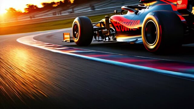 A Formula 1 race car is speeding around a track. The car is red and black and has the number 16 on it. The track is surrounded by trees and the sun is setting in the background.