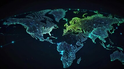 A dark blue world map with glowing green and blue dots and lines showing internet connections between the continents. Europe is the brightest area.
