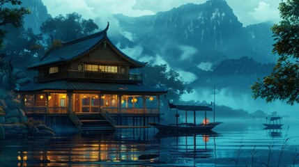 Obraz premium house on the water, anime style