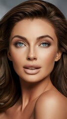 Obraz premium Beauty female face. Beautiful brunette woman, portrait close up. Portrait of Beauty woman with blue eyes. Beauty face.