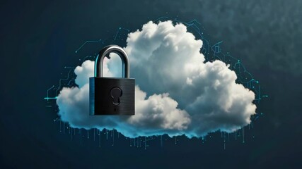 A dark blue background with a white cloud in the center. There is a black lock on the cloud.