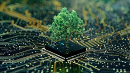 Digital Green Tree on Computer Circuit Board Representing Innovation and Sustainability