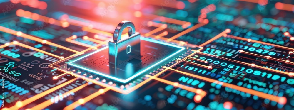 Poster cybersecurity, holographic encryption interface, advanced data protection, modern tech