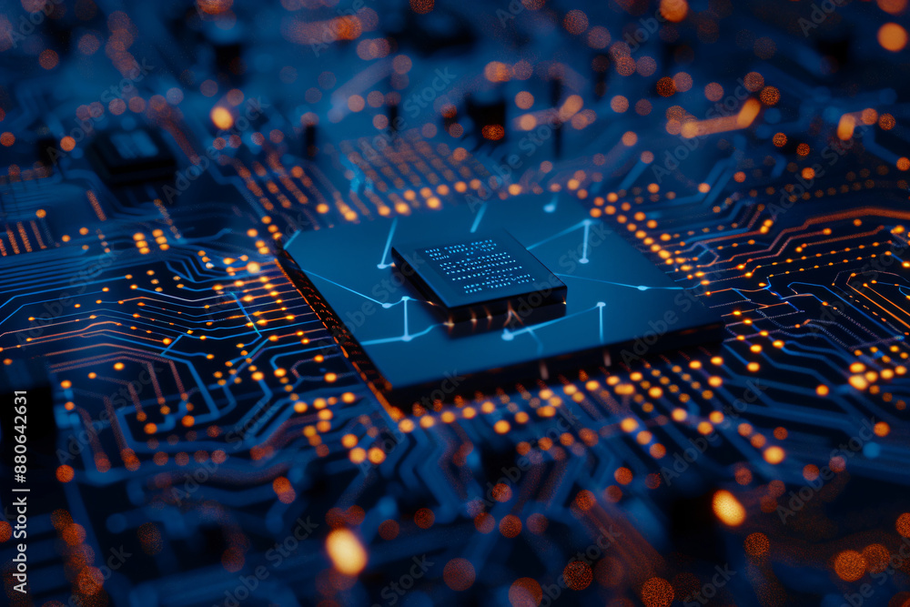 Poster a blue circuit board with glowing circuits and microchips, close-up on the chip in front of it. a di