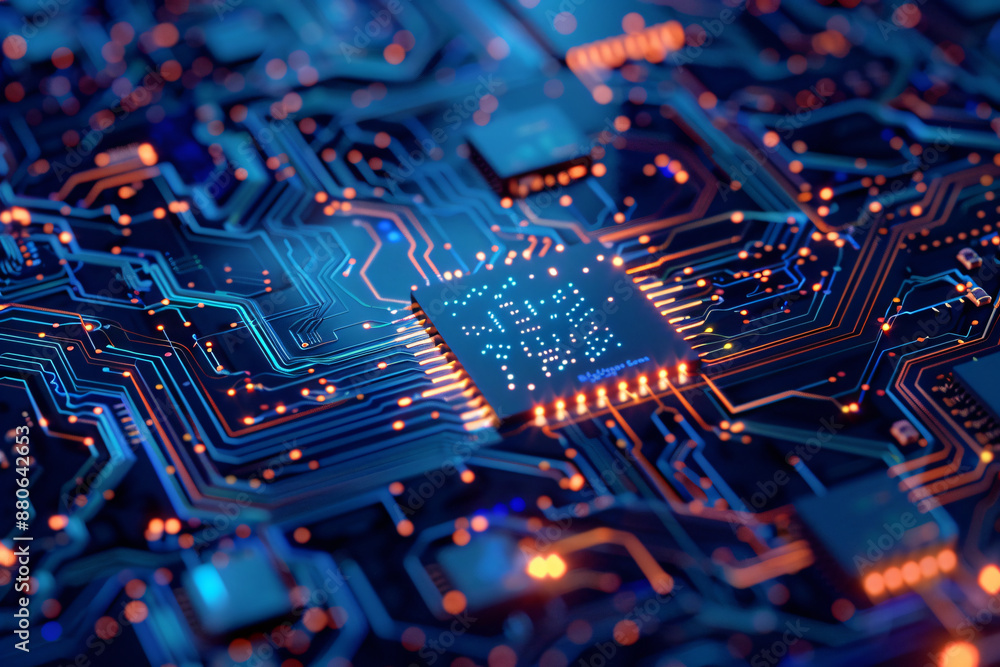 Poster a blue circuit board with glowing circuits and microchips, close-up on the chip in front of it. a di