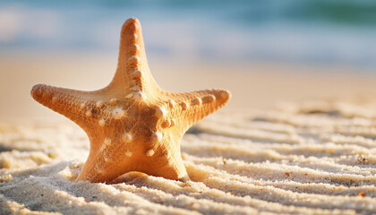 Close-up of sea star shell on clean sand. Sea or ocean shore. Summer vacation.