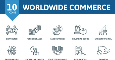 Worldwide Commerce thin line icon set. Distributor, Foreign Branch, Hard Currency, Industrial Goods, Market Potential, Swot Analysis, Protective Tariffs, Strategic Alliance, Regulations, Embargo icons