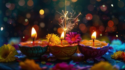 Colorful Diwali oil lamps, Deepavali oil lamps lighted in beautiful formation with flowers in middle with bokeh background. Oil lamps with sparkler.