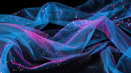 Electric blue transparent fabric with vibrant pink glitter, set against a charcoal black background to emphasize its bold, dynamic quality.