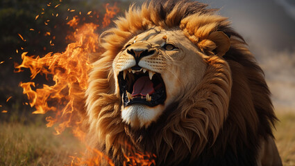 A large lion is standing in the middle of a busy marketplace with people walking around it.


