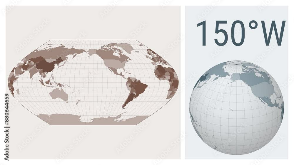 Poster world map animation. eckert v projection. colored countries style. animated world map in eckert 5 pr