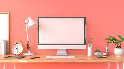 A computer monitor, keyboard, and desk supplies on a desk.