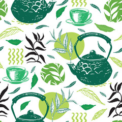 Seamless pattern with teapot, cups and tea leaves..Bright graphic background.