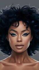 Fototapeta premium Close-up shot of a black woman with curly hair against gray neutral background with