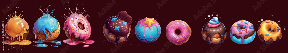 Poster an orbit ui set with bacon and candy on a galaxy ball. this is a sweet and colorful design for kids.