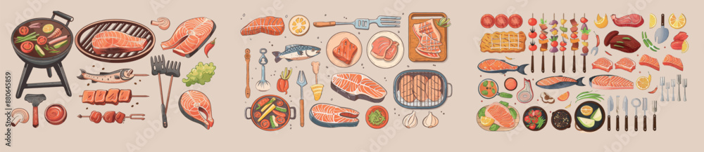 Wall mural Grilled vegetables, chicken meat, fish, and tools for bbq. Cartoon set of food and equipment for barbecue cooking.