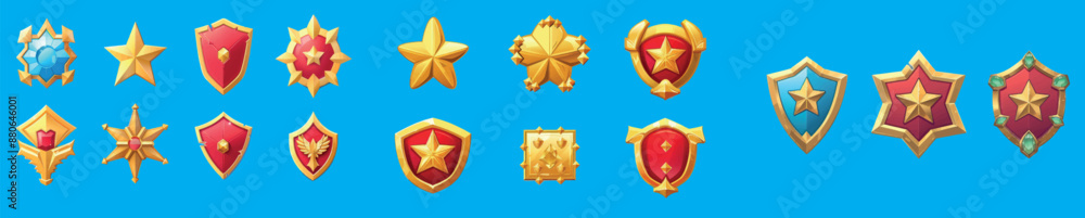Poster rank buttons set isolated on white background - modern realistic illustration of hexagonal red shiel
