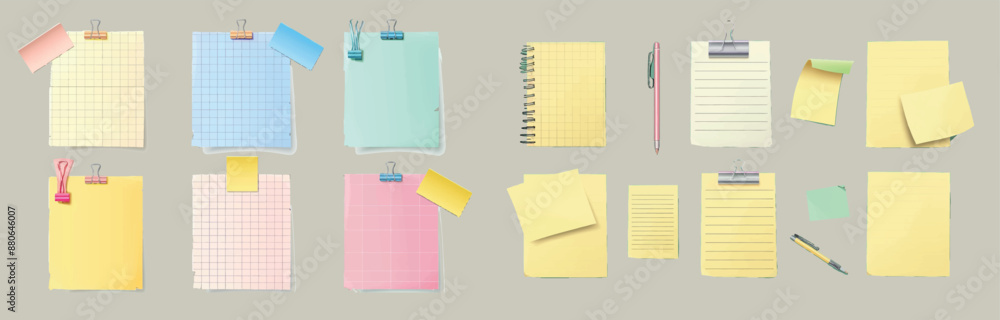 Poster sticker note paper attached with adhesive tape and paperclip. mockup of blank notebook page with lin