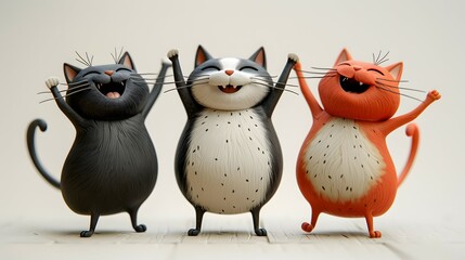 Obraz premium International Cat Day. Three 3D cats of different colors on a white background. Pet Day