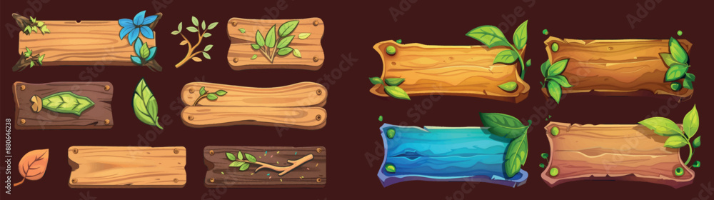 Poster isolated circle border with jungle leaves icon on a wood jungle ui game signboard frame. forest wood