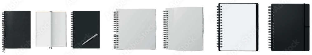 Poster notepad mockup template with black cover and white page. isolated notepad template with open page an