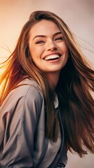 Fototapeta premium Happy smiling young woman with beautiful long brown hair