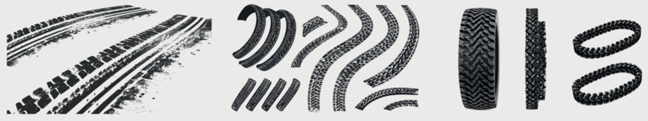 Tracks from black car tires isolated on white background. Grunge winding trace from vehicle tires in top and perspective. Modern graphic set with tread marks.