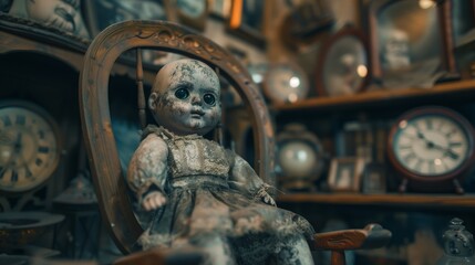 Fototapeta premium Cursed Antique Shop: Inside a dimly lit, dusty antique shop, A creepy, life-sized doll with cracked porcelain skin
