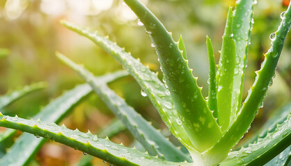Fresh aloe vera leaves with water drops. Herbal medicine plant. Organic cosmetics ingredient.