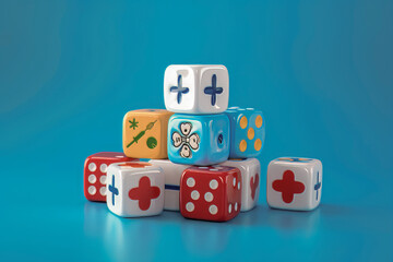 colorful dice with mathematical symbols, set against a blue backdrop, evoking a playful math learning experience.