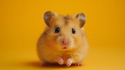 Close-up of an adorable hamster against a yellow background