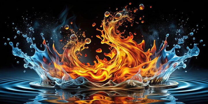Vibrant comic book style transitions with water ripples, bubbles, flames, and smoke effects burst forth from a mysterious black background, adding dynamic visual interest.