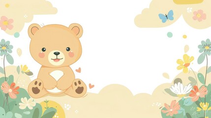Obraz premium A cute cartoon bear is sitting in a field of flowers